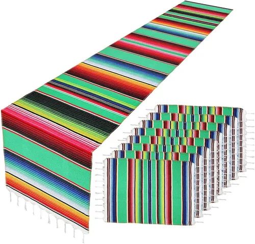 Vista 8 de Camino de mesa mexicano con manteles individuales (8 unidades), manteles individuales surtidos de serape mexicano, decoraciones de boda, manta