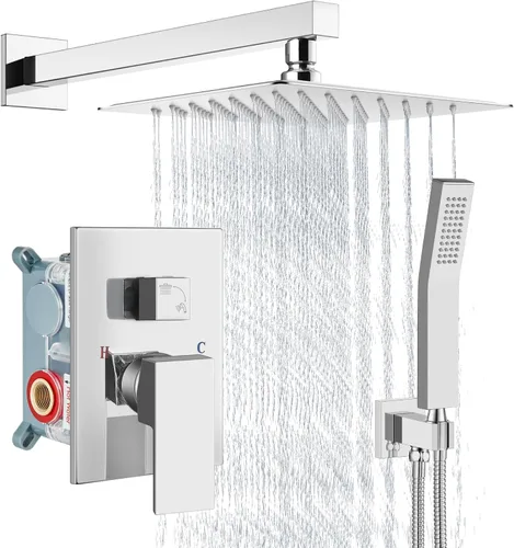 Vista 23 de Aolemi Sistema de ducha tipo lluvia de 12 pulgadas, cabezal de ducha cepillado Nikcel Combo Set con ducha de mano válvula de montaje en pared grifo
