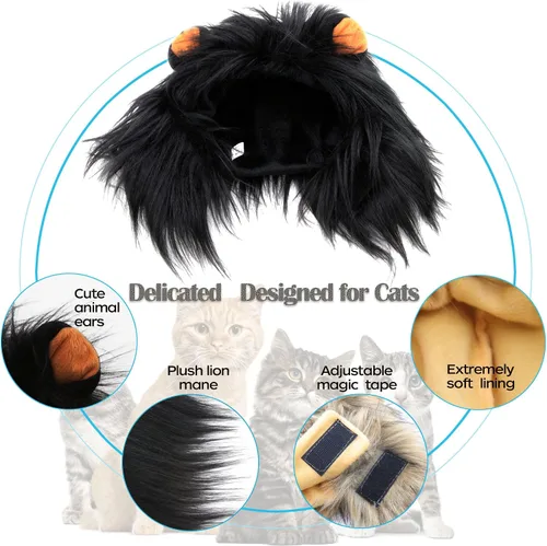 Vista 4 de Peluca de melena de león para disfraz de gato, ajustable, lavable, cómoda, elegante, pelo de león, vestido de ropa de gato para Halloween, Navidad