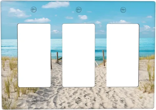 Vista 17 de Blue Ocean White Sand Beach 2 Gang Combination Toggle Rocker - Placa de pared para interruptor de luz doble, cubierta de salida decorativa eléctrica