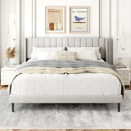 Vista 22 de Gruwans Base de cama de tamaño individual con cabecera tapizada con respaldo de ala, plataforma de fácil montaje, soporte de listones de madera,