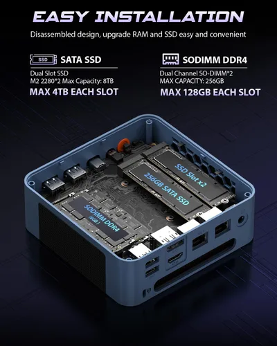 Vista 11 de BOSGAME Mini PC E5 11 Pro, AMD Ryzen 5300U 4C/8T, PC de oficina en casa de Azul