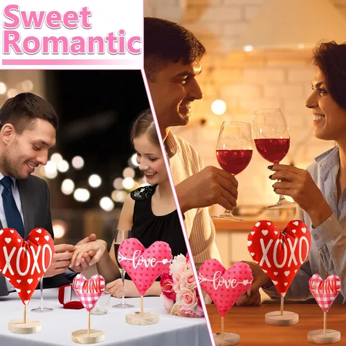 Vista 6 de 3 piezas de adornos de corazón de tela para el día de San Valentín, letrero de amor de madera Love Be Mine para chimenea, decoración rústica