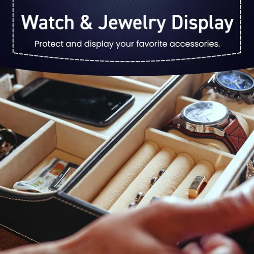 Vista 5 de Houndsbay Navigator - Bandeja organizadora grande para hombre con caja de relojes, organizador de joyas y estación de carga para móvil, Café Oscuro