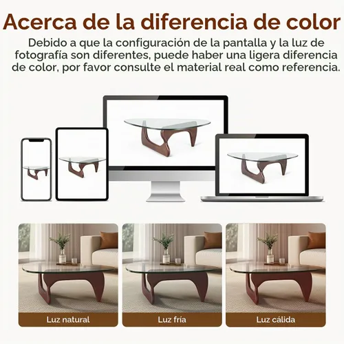 Vista 10 de Mesa de café triangular de vidrio moderna, con vidrio transparente vintage y base de madera maciza, mesa auxiliar para sala de estar, oficina, Nogal