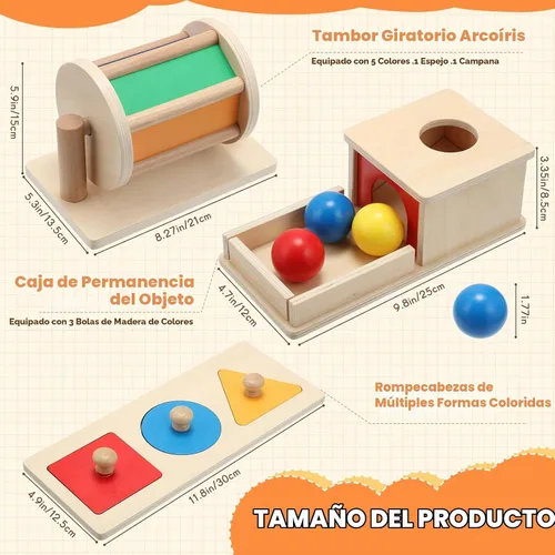 Vista 2 de Sratte Juego de 3 juguetes de madera para bebé, caja de permanencia de objetos, tambor arcoíris, juguetes coloridos de rompecabezas de múltiples