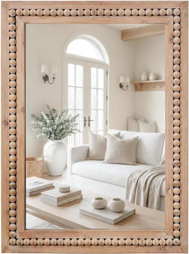 Vista 9 de H HOMEWINS Espejo rectangular rústico, espejo de madera de granja de 22 x 30 pulgadas, espejo de decoración de cuentas naturales talladas