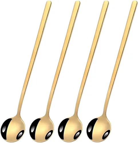 Vista 9 de Juego de 4 cucharas de té helado de mango largo, cucharas de café chapadas en oro para café expreso, azúcar, postre, pastel, helado, cóctel
