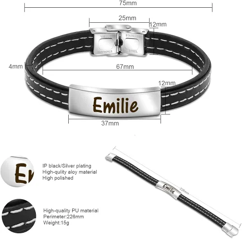 Vista 6 de Pulsera personalizada para hombres pulsera personalizada de cuero trenzado negro con nombre grabado para marido novio pulseras para hombres Sin gemas