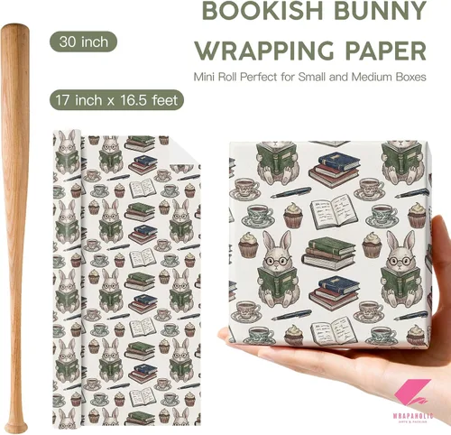 Vista 3 de WRAPAHOLIC Bookish Bunny - Rollo de papel de regalo, 17 pulgadas x 16.5 pies, conejo vintage con papel de regalo para niños y niñas, baby shower