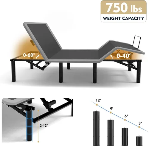 Vista 7 de Base de cama ajustable Queen – Base eléctrica ajustable con control remoto inalámbrico, gravedad cero y masaje, carga USB y almacenamiento debajo