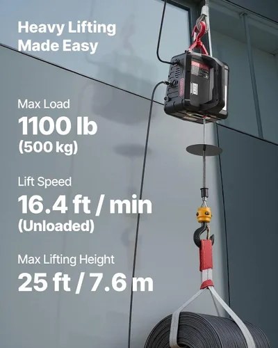 Vista 2 de VEVOR Polipasto Eléctrico 2 en 1, Capacidad de 1100 libras, Grúa Cabrestante Portátil de 1500W, Altura de Elevación de 25 pies, 16.4 pies/min