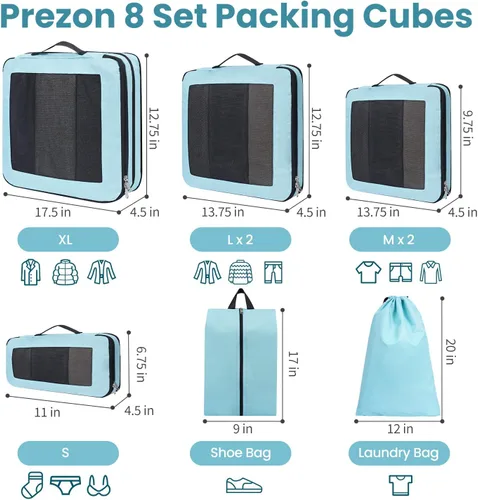 Vista 3 de Juego de 8 juegos6 juegos4 cubos de compresión para viajes, artículos esenciales ligeros de viaje para vacaciones, accesorios de viaje para maleta