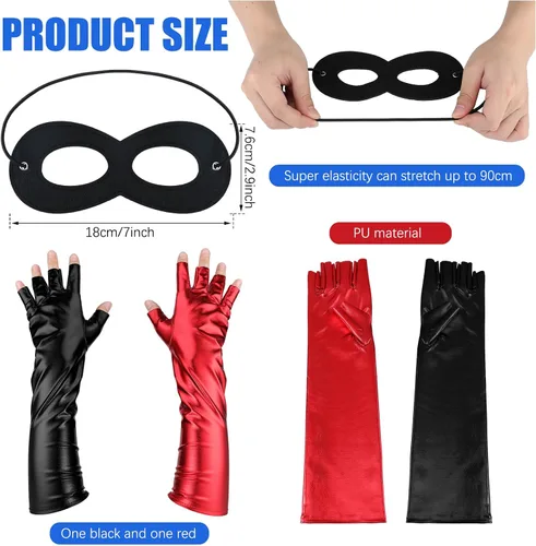 Vista 2 de Juego de 5 piezas de disfraz negro y rojo para mujeres y niñas, incluye guantes de cuero sintético, mazo, máscara de ojos de fieltro, gargantilla