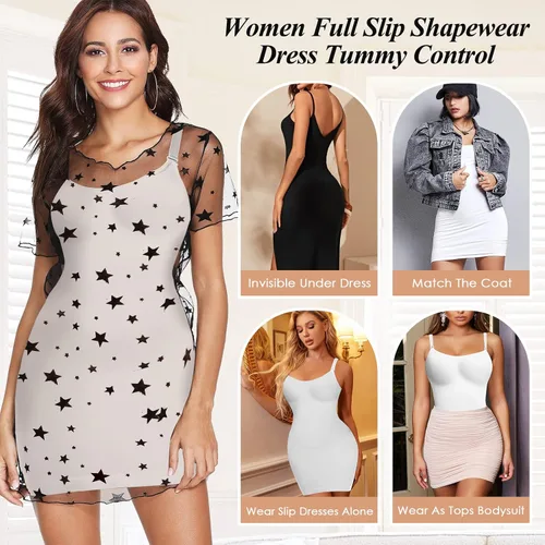 Vista 5 de HMQ Faja moldeadora para debajo de los vestidos, control de abdomen, vestido completo sin costuras, moldeador de cuerpo, tirantes delgados, vestido