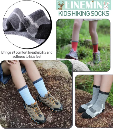 Vista 3 de LINEMIN Calcetines de senderismo de lana merino para niños y niñas, cálidos, gruesos, térmicos, acolchados, para invierno, 6 pares