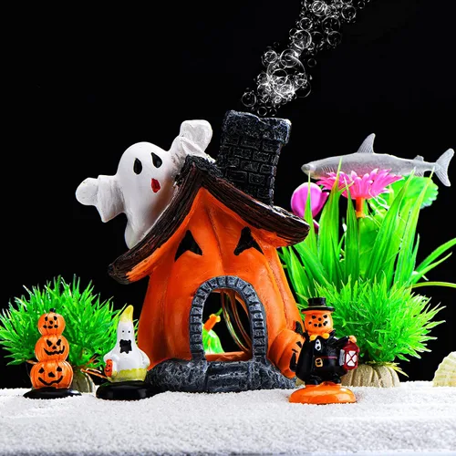 Vista 3 de Blulu 4 piezas de decoraciones de Halloween para pecera, figuras en miniatura para interiores y exteriores, resina, fantasma, calabaza, casa