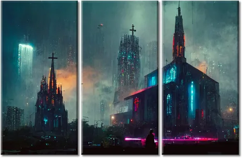 Vista 67 de Arte de pared de 3 piezas de escena de ciencia ficción de la calle comercial futurista paisaje urbano, decoración de pared para dormitorio