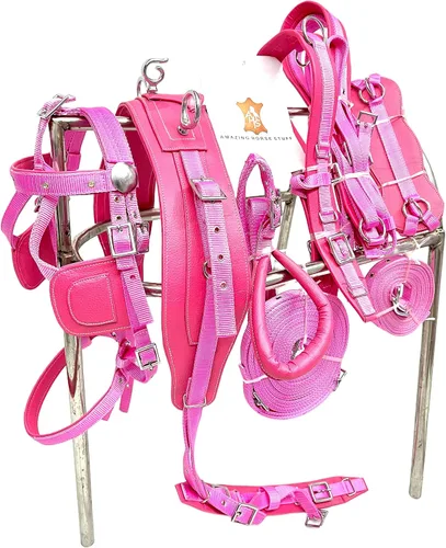 Vista 3 de Arnés de conducción de nailon unisex en color rosa para carro de caballo individual rosa (Cob)