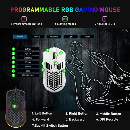 Vista 6 de ZIYOU LANG Ratón ligero para juegos con cable, 6 retroiluminación RGB con 7 botones programables, sensor óptico ajustable de 6400 DPI, compatible