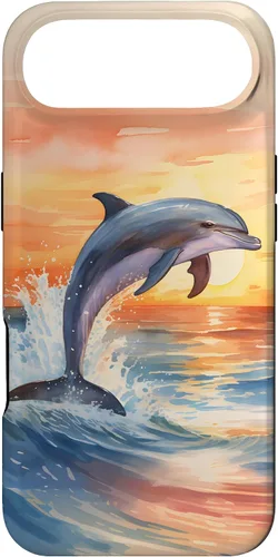 Vista 27 de Dolphin Jumping Sunset Over Ocean Watercolor Art Case for iPhone 17