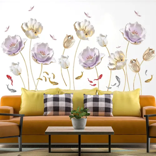 Vista 6 de Calcomanías de pared de flores doradas gigantes 3D, tulipán de loto, flores florales, hermosas flores grandes, arte de pared de despegar y pegar
