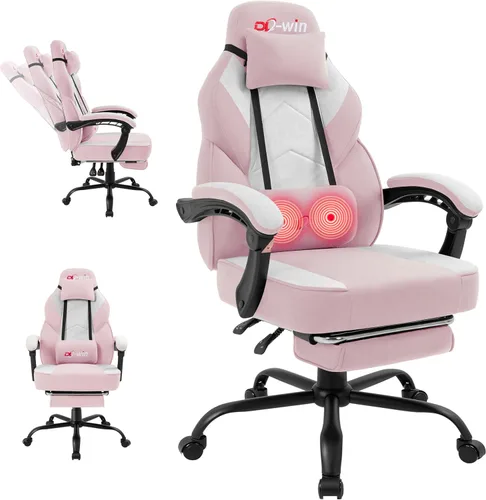 Vista 13 de Silla de juegos para adultos con reposapiés y soporte lumbar de masaje, silla ergonómica de respaldo alto, sillas giratorias ajustables