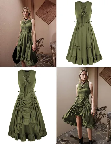 Vista 6 de Scarlet Darkness Disfraz de feria renacentista para mujer, con cordones, volantes, sin mangas, vestido alto y bajo, disfraz de pirata