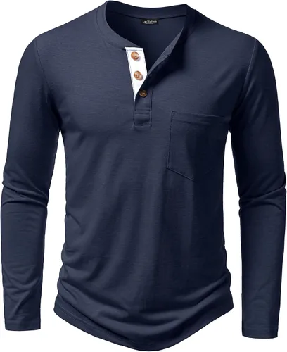Vista 18 de LucMatton - Camiseta Henley para hombre, ligera, casual, elástica, ajuste entallado, manga larga, con bolsillo Verde militar
