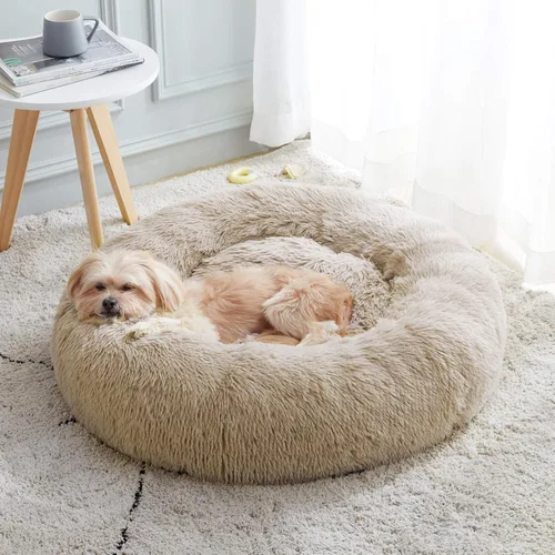 Vista 16 de Cama calmante para perros y gatos, cama antiansiedad, de felpa, con forma de dona, redonda, acolchada, de piel sintética, suave y esponjosa