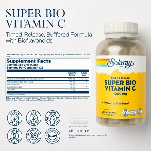 Vista 2 de SOLARAY Vitamina C tamponada Super Bio 1000 mg de liberación temporal, 250