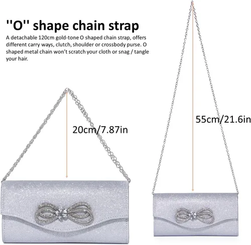 Vista 5 de DETARA Bolso de noche para mujer, con lazo de cristal brillante, con solapa, bolso de mano para mujer, boda, fiesta, baile de graduación