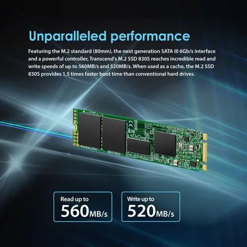 Vista 4 de Transcend MTS830 128GB M.2 2280 SATA III SSD con Dram Cache, hasta 560MB/s, compatible con Ultrabook/Laptop/PC/Desktop, 3D TLC NAND Flash Unidad