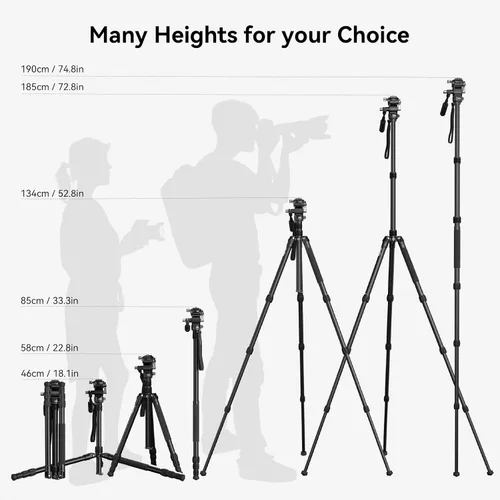 Vista 8 de SmallRig CT195 Kit de trípode de video, trípode de cámara de 73 pulgadas con cabezal fluido de inclinación panorámica para disparo