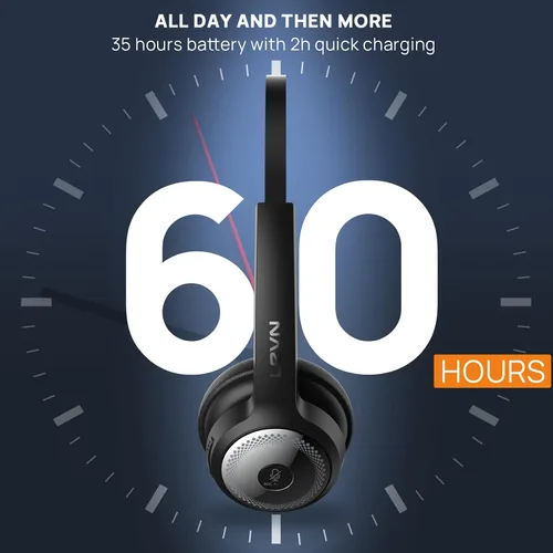 Vista 5 de LEVN Auriculares Bluetooth, auriculares inalámbricos con micrófono y botón de silencio, 60 horas de tiempo de conversación, auriculares