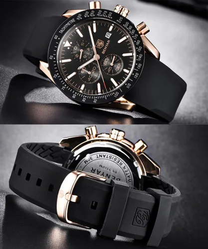 Vista 5 de BENYAR Fashion Men's Quartz Chronograph Waterproof Silicone Watches Business Casual Sport Design Wrist Watch for Men Perfect for Father Son Black