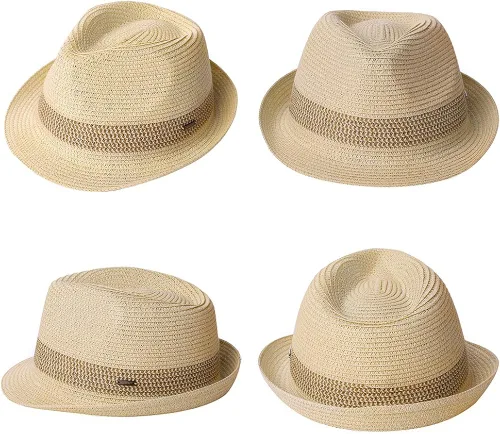 Vista 3 de Fancet Sombrero de Paja Pajarita Fedora Panamá Sol Verano Playa Sombrero Cubano Trilby Hombres Mujeres 21.7-24.0in