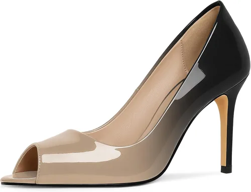Vista 20 de Eldof Zapatos de tacón alto con punta abierta para mujer, con puntera abierta, para boda, sexy, para novia, clásicos, de 3.5 pulgadas Beige
