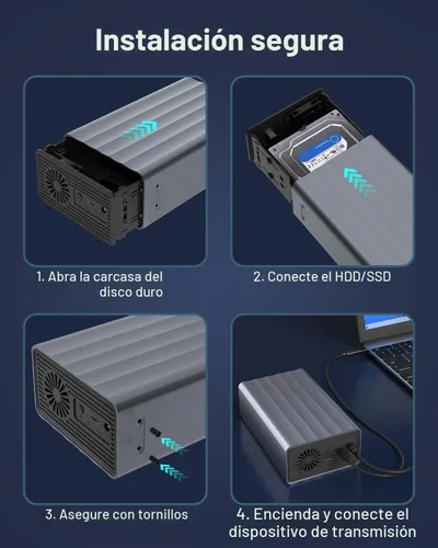 Vista 6 de Caja de disco duro de 2 bahías para disco duro SATA HDD/SSD de 2.5"/3.5" hasta 48 TB, caja de disco duro externo de aluminio con ventilador