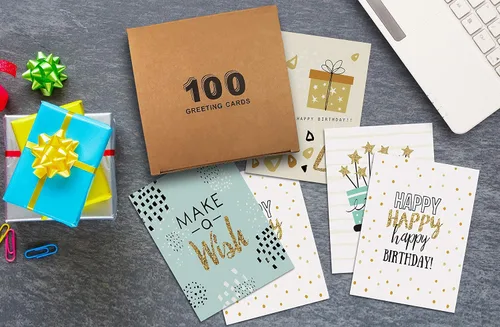 Vista 2 de Better Office Products Tarjetas de feliz cumpleaños, paquete de 100, 4 x 6 pulgadas, 4 diseños de cubierta, interior en blanco, con sobres, elegante