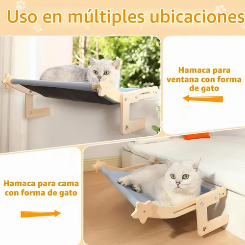 Vista 3 de Percha para ventana de gato para gatos grandes, cama hamaca resistente sin taladro, asiento de marco de madera maciza con ganchos de metal, alféizar