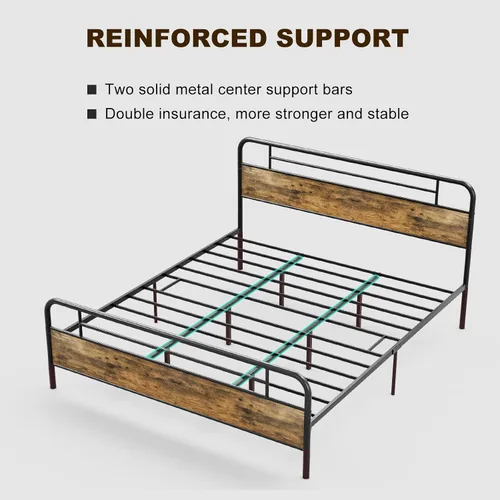 Vista 8 de IKIFLY Base de cama California King con cabecero de madera, cama de plataforma de metal California King, listones de acero resistente