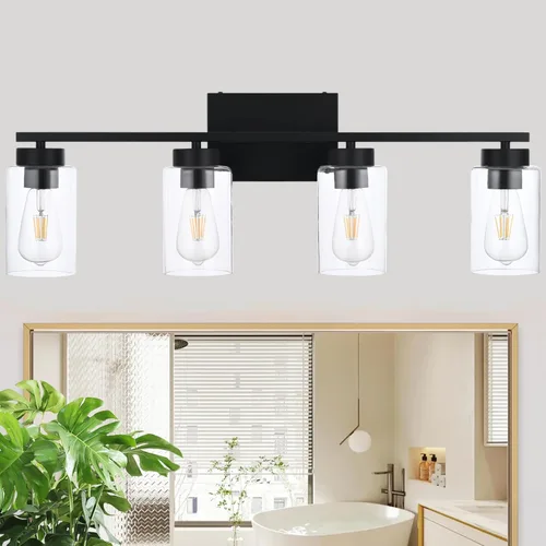 Vista 16 de Lámpara de tocador de baño de 3 luces, modernas luces de pared negras con pantallas de vidrio transparente, lámpara de pared de baño para espejo 3