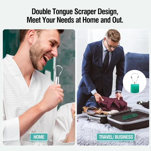 Vista 4 de RONAVO Raspador de lengua para adultos (4 unidades), raspador de lengua de metal resistente al óxido (fundas de viaje incluidas) reduce el mal