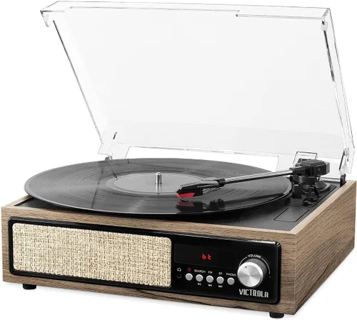 Vista 4 de Victrola Tocadiscos Bluetooth 3 en 1 con altavoces integrados y tocadiscos de 3 velocidades, negro (VTA-67)