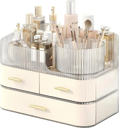 Vista 10 de DASITON Organizador de Maquillaje con Cajones y Soporte Giratorio para Brochas de Maquillaje, Organizador de Cosméticos Apilable de Gran Capacidad