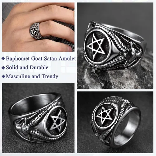Vista 3 de FaithHeart Satanic Jewelry - Anillos de cabra baphomet con símbolo de Lucifer Satanás para hombres y mujeres talla 7891011121314 personalizado