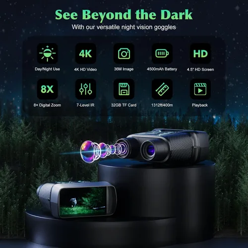 Vista 2 de Gafas de visión nocturna, binoculares de visión nocturna de 4K UHD con video e imagen de 36MP, pantalla de 4.5", batería recargable de 4500mAh