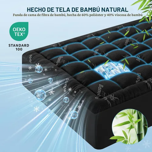 Vista 2 de Cubrecolchón impermeable tamaño individual de viscosa derivada del bambú, protector de colchón extra grueso para dolor de espalda, cubrecolchón Gris