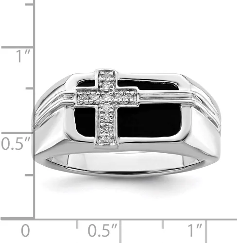 Vista 5 de Anillo de cruz de ónix negro con diamantes de plata de ley para hombre